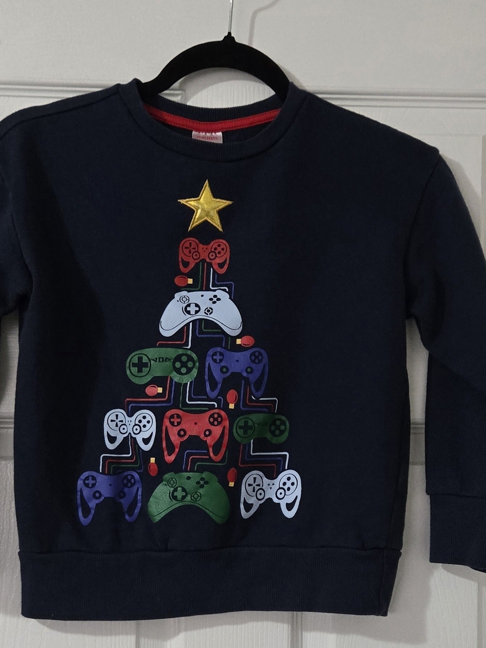 Holiday Time Navy Blue Sweatshirt with Multi-Color Controller Tree Graphic